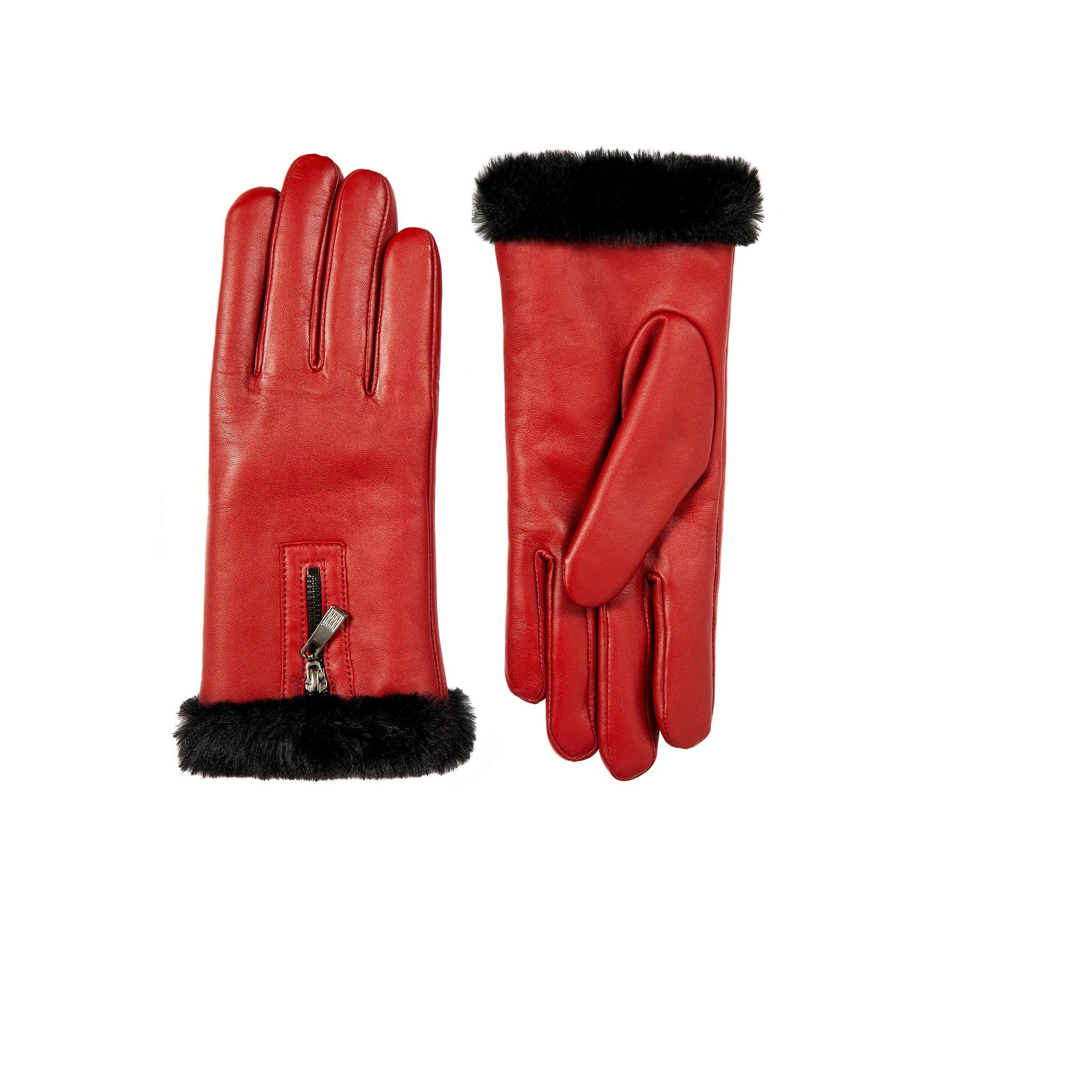 Women’s Touchscreen Leather Gloves with Faux Fur Lining and Zip Detail