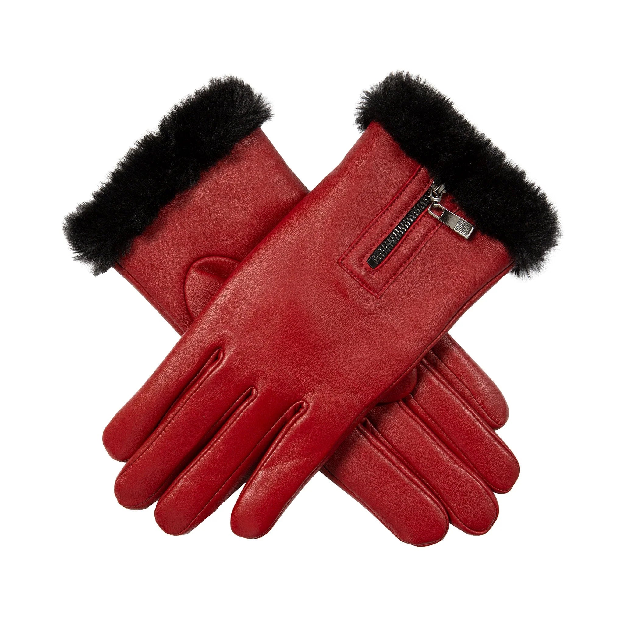 Women’s Touchscreen Leather Gloves with Faux Fur Lining and Zip Detail