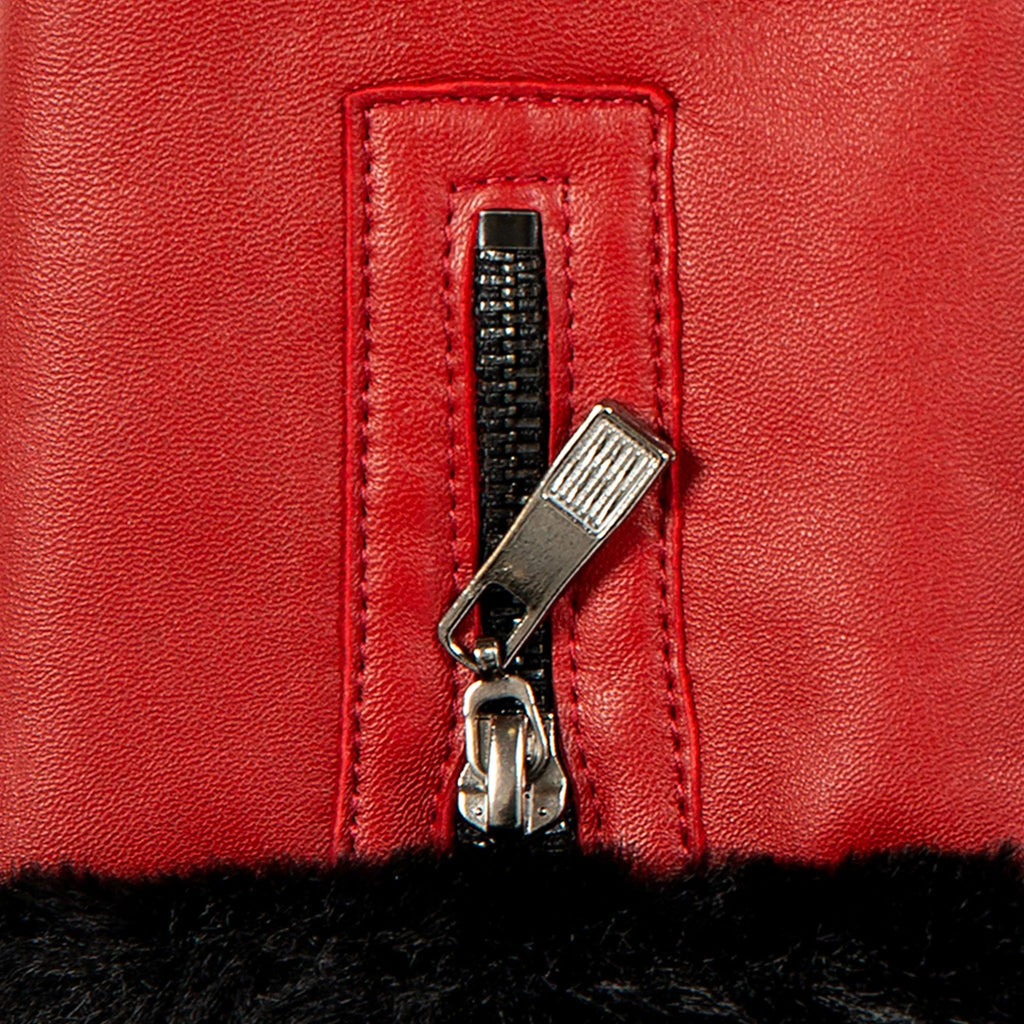 Women’s Touchscreen Leather Gloves with Faux Fur Lining and Zip Detail