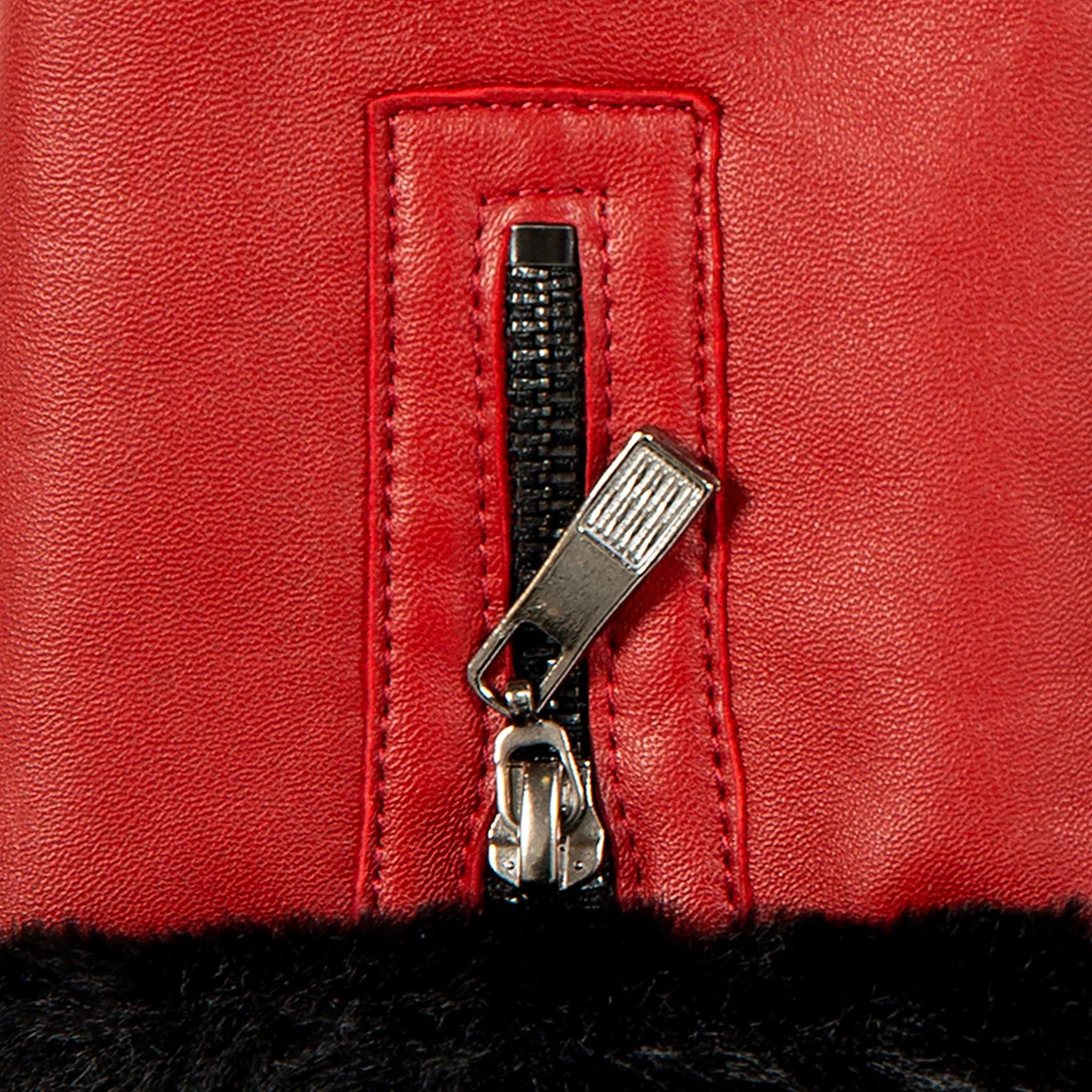 Women’s Touchscreen Leather Gloves with Faux Fur Lining and Zip Detail