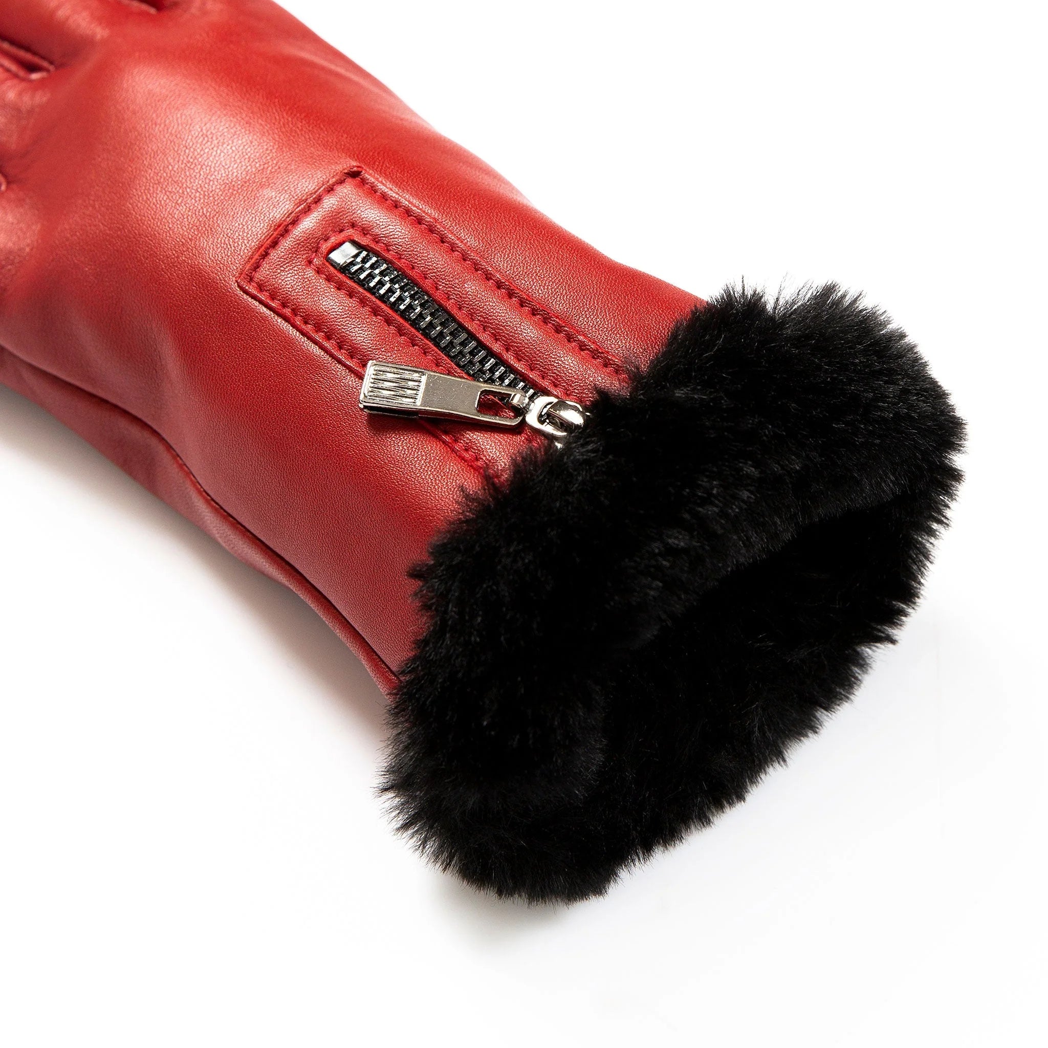 Women’s Touchscreen Leather Gloves with Faux Fur Lining and Zip Detail