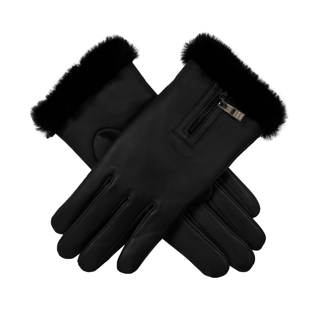 Women’s Touchscreen Leather Gloves with Faux Fur Lining – Black
