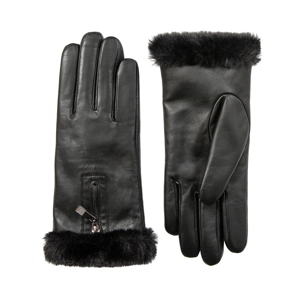 Women’s Touchscreen Leather Gloves with Faux Fur Lining – Black
