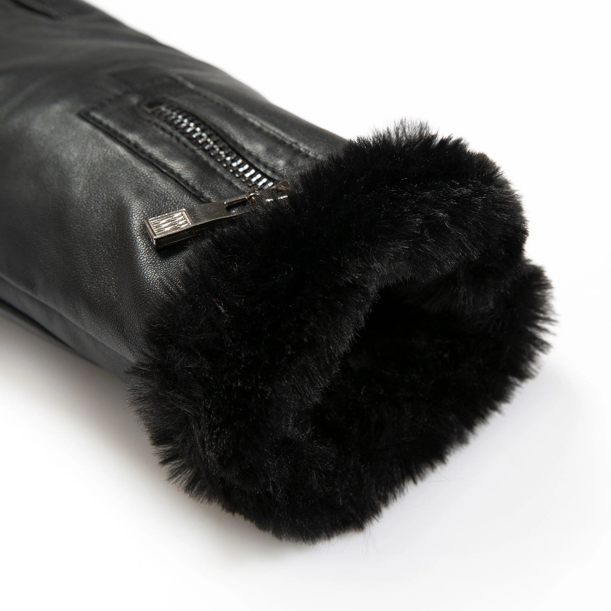 Women’s Touchscreen Leather Gloves with Faux Fur Lining – Black