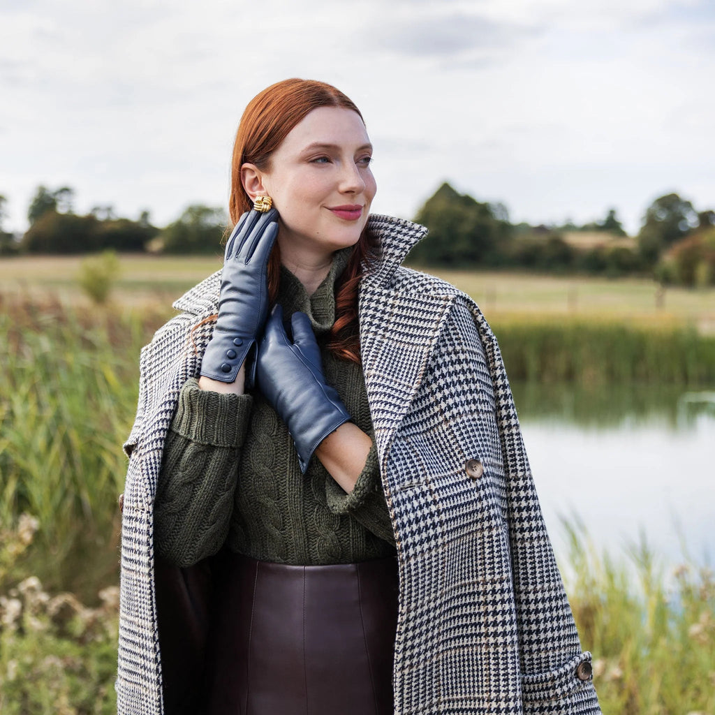 Women’s Touchscreen Water-Resistant Leather Gloves with Faux Fur Lining and Button Detail