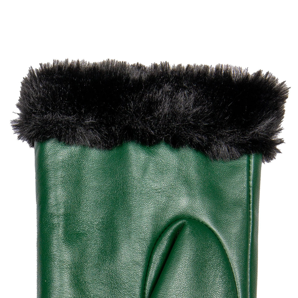Women’s Touchscreen Leather Gloves with Faux Fur Lining and Zip – Forest