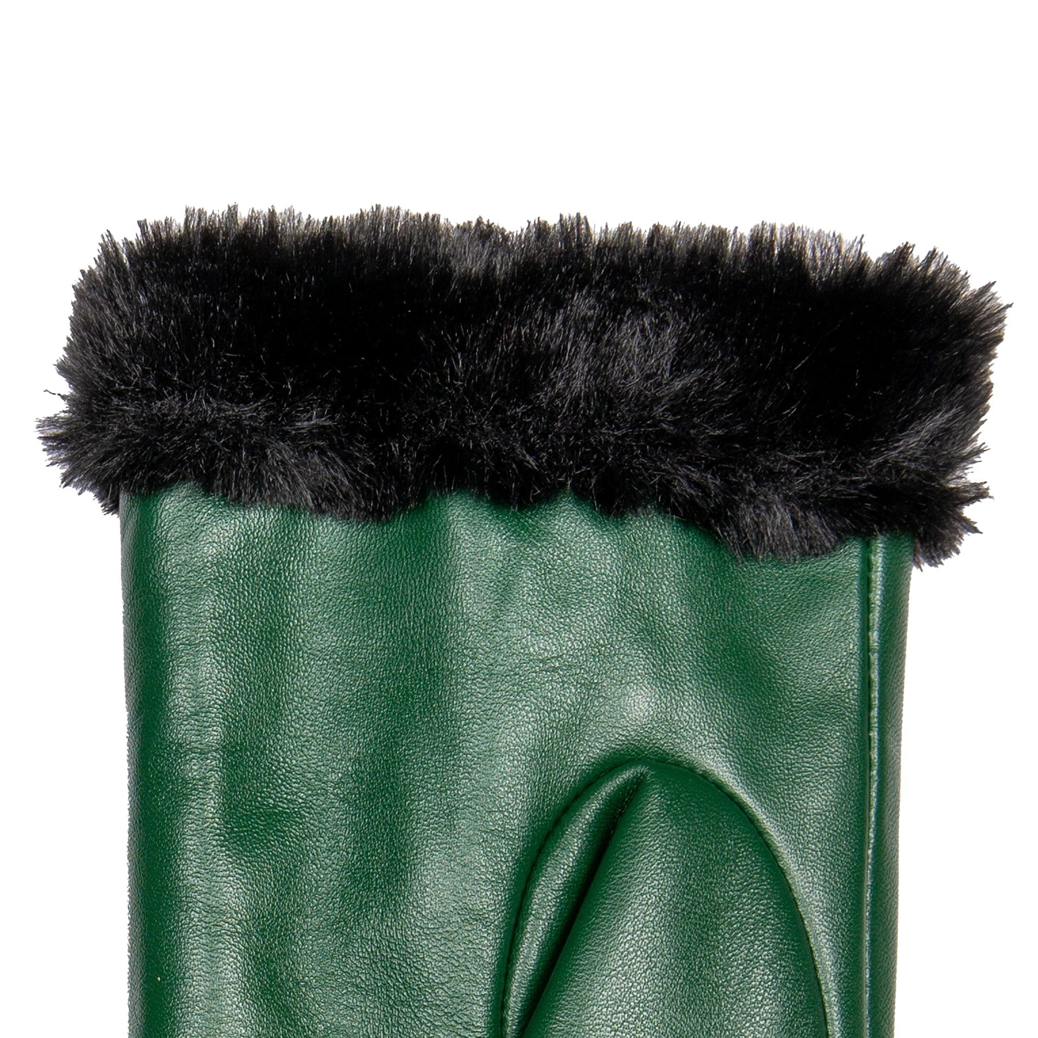Women’s Touchscreen Leather Gloves with Faux Fur Lining and Zip – Forest