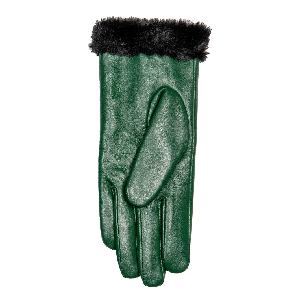 Women’s Touchscreen Leather Gloves with Faux Fur Lining and Zip – Forest