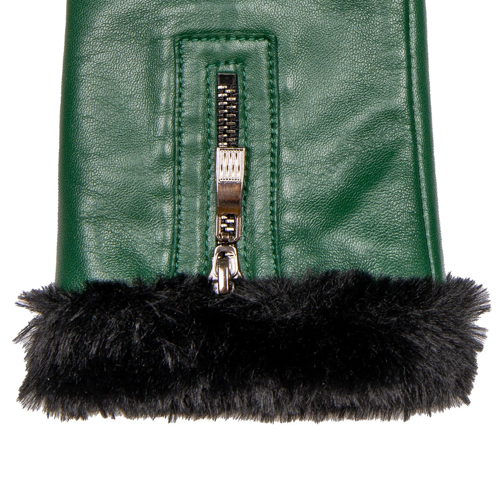 Women’s Touchscreen Leather Gloves with Faux Fur Lining and Zip – Forest