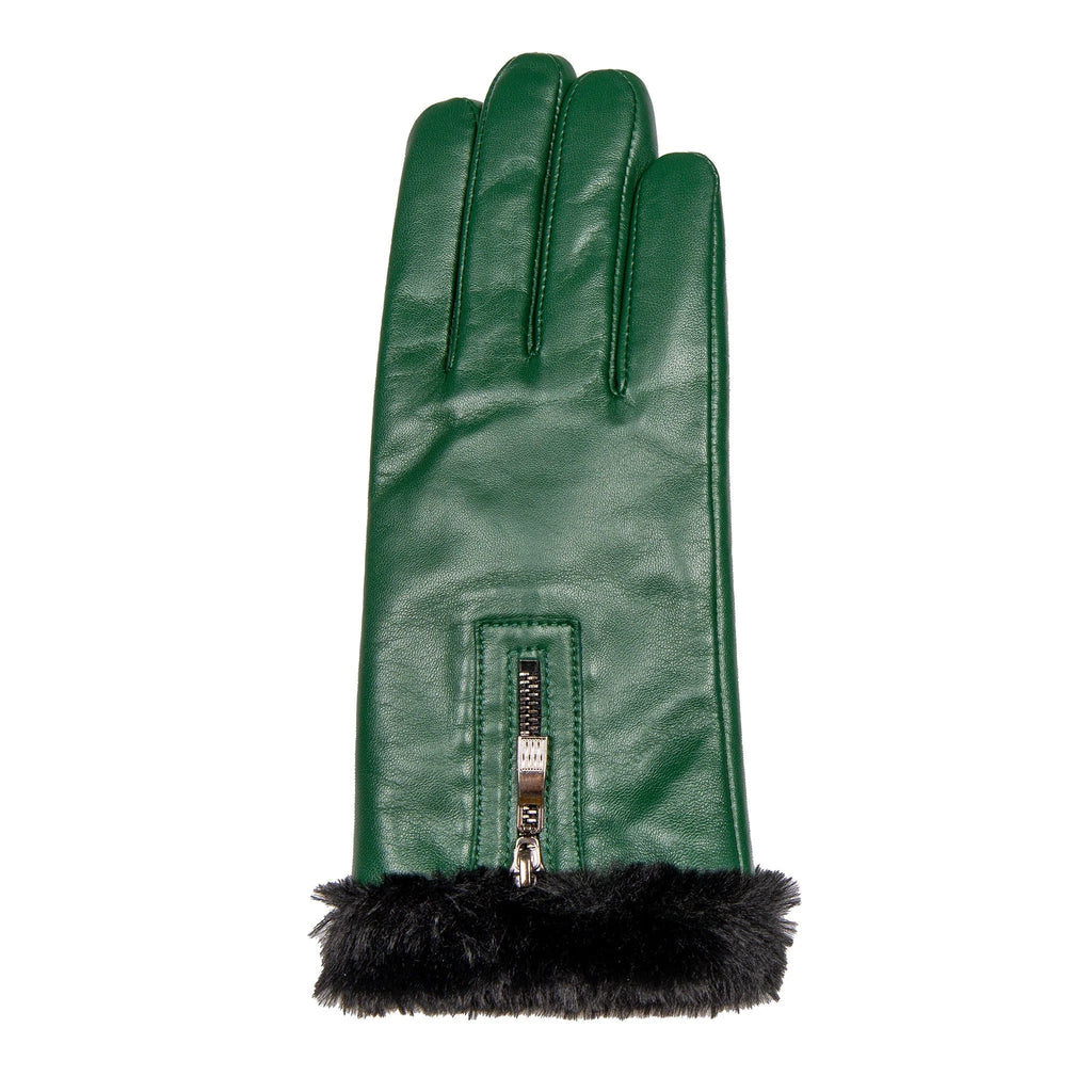 Women’s Touchscreen Leather Gloves with Faux Fur Lining and Zip – Forest