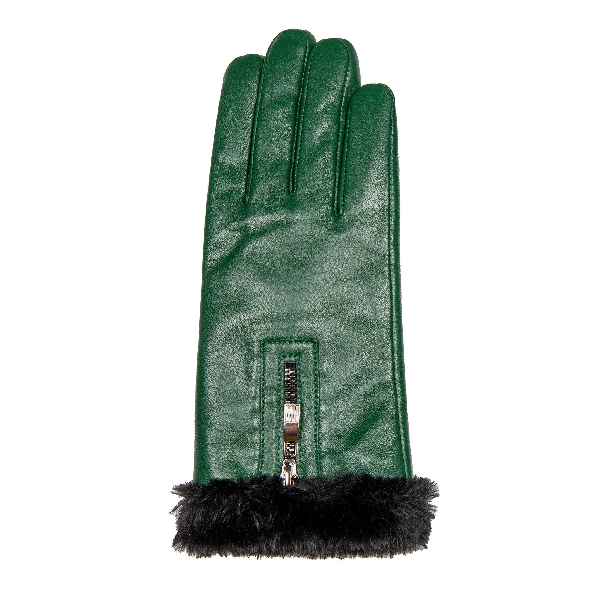 Women’s Touchscreen Leather Gloves with Faux Fur Lining and Zip – Forest
