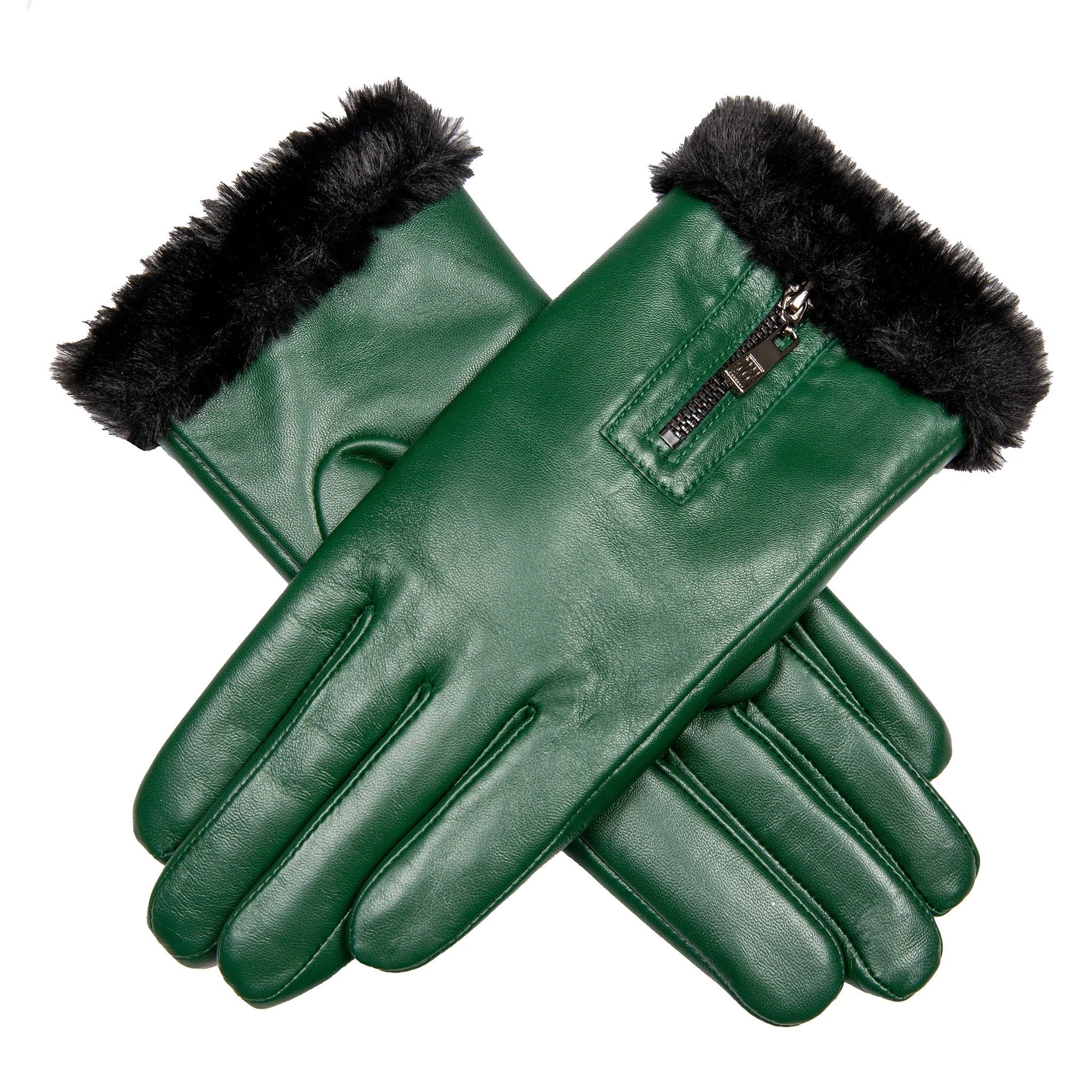 Women’s Touchscreen Leather Gloves with Faux Fur Lining and Zip – Forest