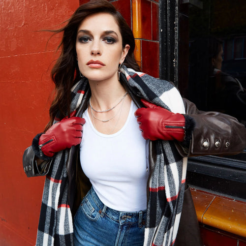 Women’s Touchscreen Leather Gloves with Faux Fur Lining and Zip Detail