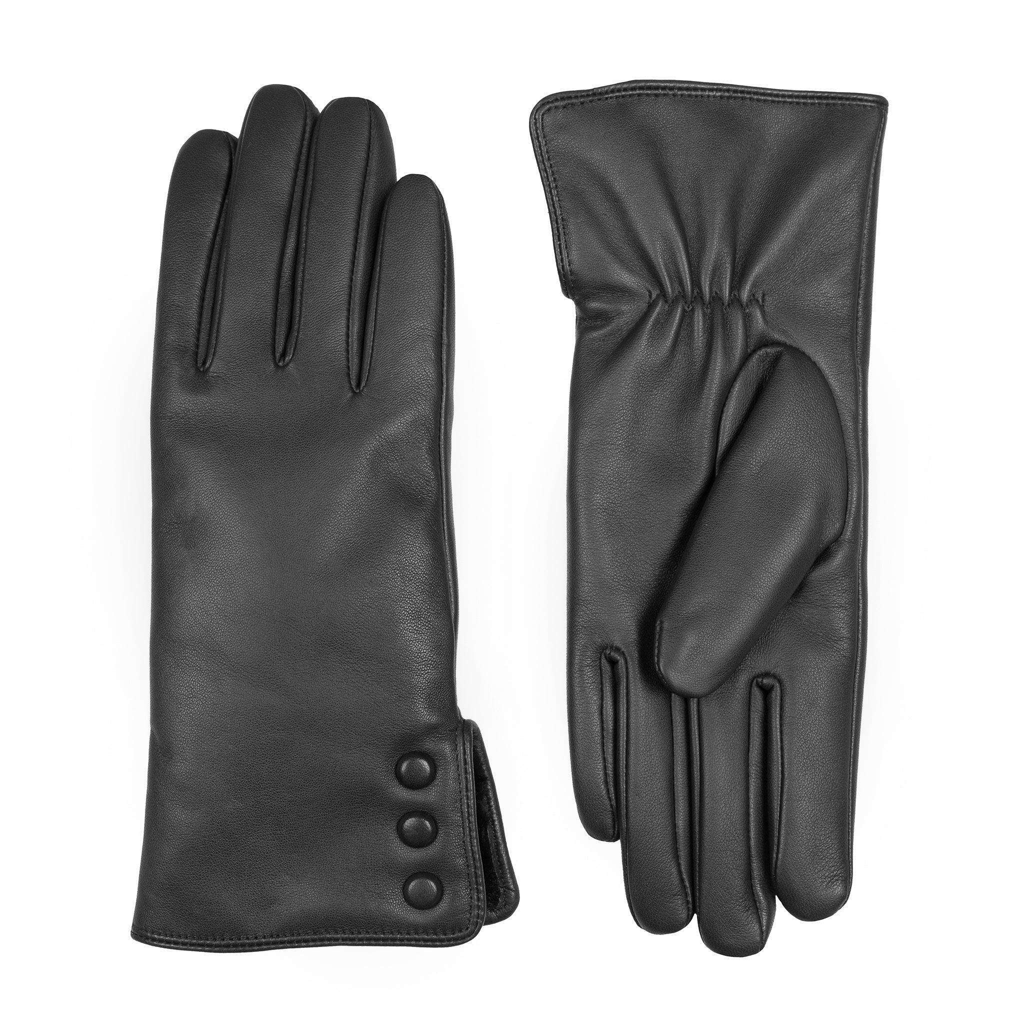 Women’s Touchscreen Water-Resistant Leather Gloves with Faux Fur Lining and Button Detail