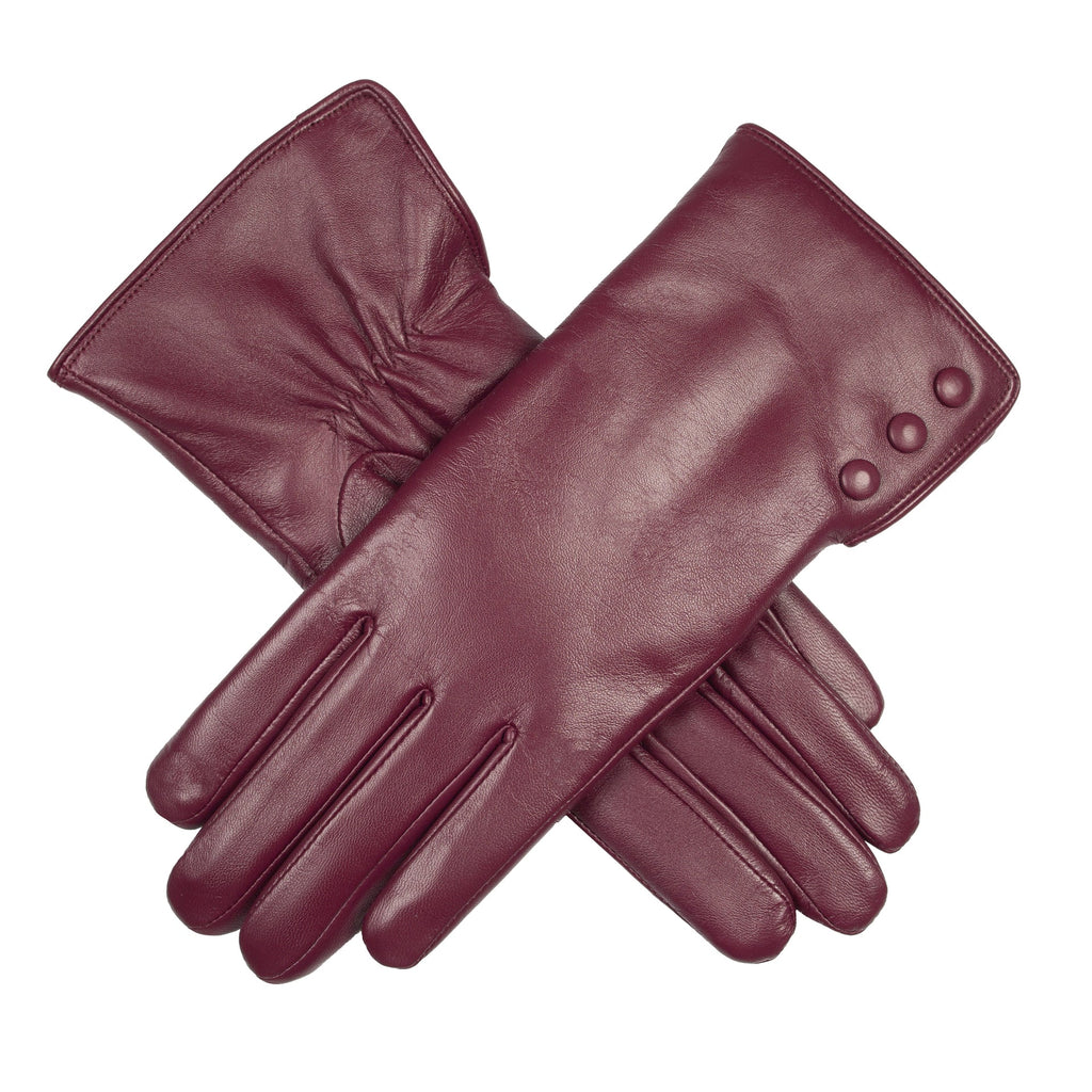 Women’s Touchscreen Water-Resistant Leather Gloves with Faux Fur Lining and Button Detail