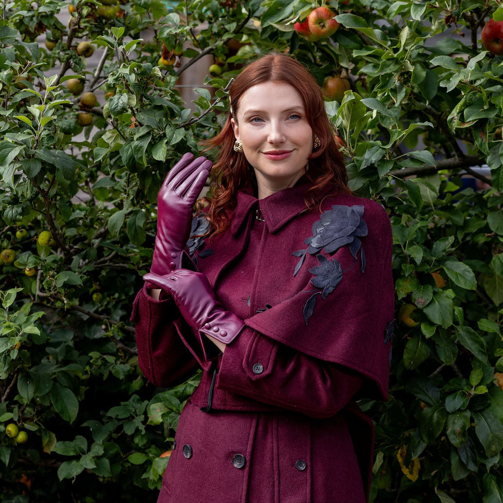 Women’s Touchscreen Water-Resistant Leather Gloves with Faux Fur Lining and Button Detail