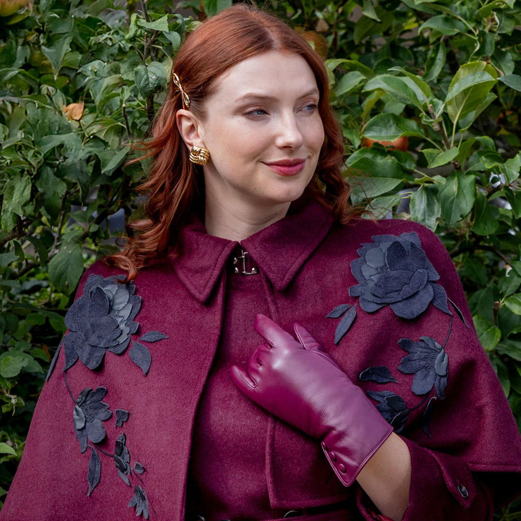 Women’s Touchscreen Water-Resistant Leather Gloves with Faux Fur Lining and Button Detail