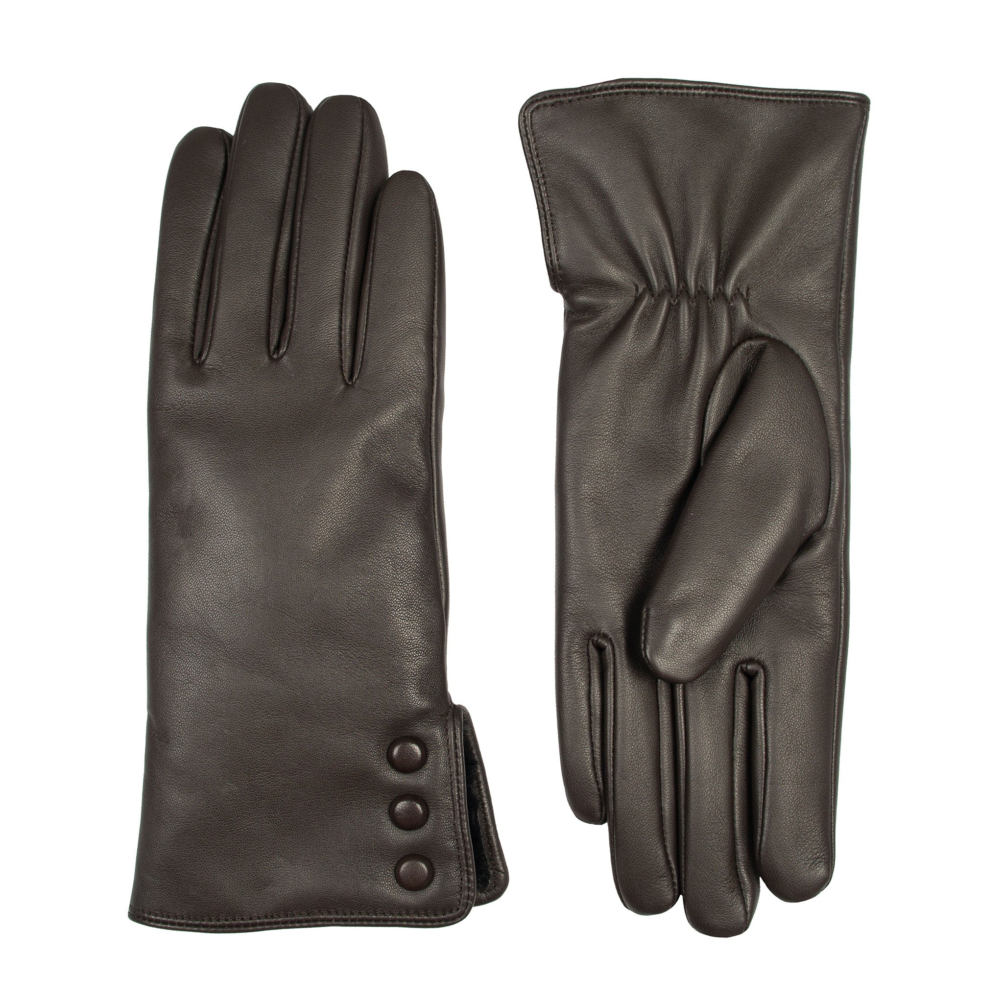 Women’s Touchscreen Water-Resistant Leather Gloves with Faux Fur Lining and Button Detail