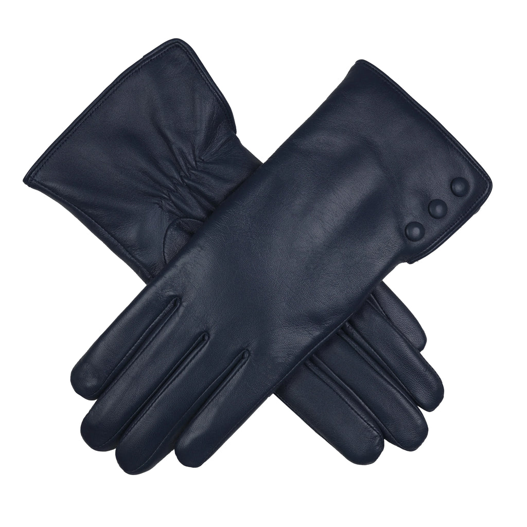 Women’s Touchscreen Water-Resistant Leather Gloves with Faux Fur Lining and Button Detail