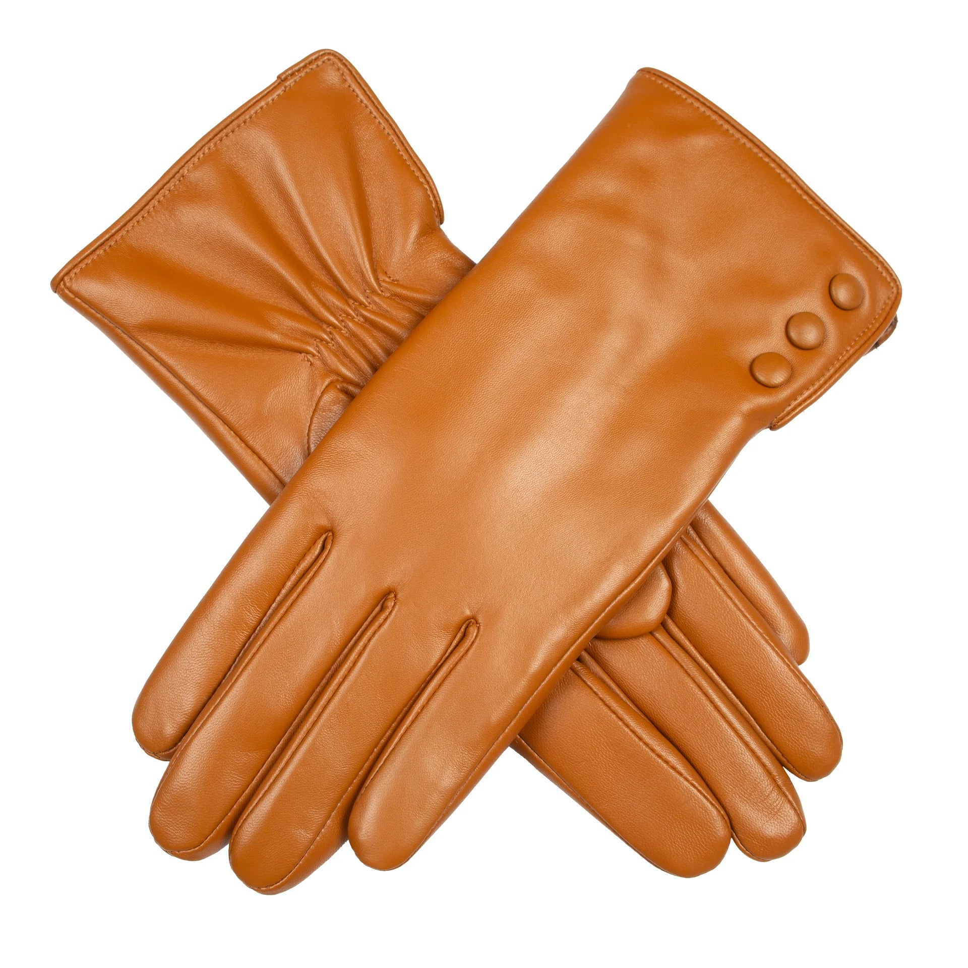 Women’s Touchscreen Water-Resistant Leather Gloves with Faux Fur Lining and Button Detail